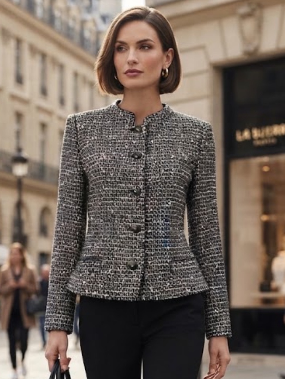 NWOT Elie Tahari Tweed Virgin Wool Blend Black n White Woven Blazer Size M